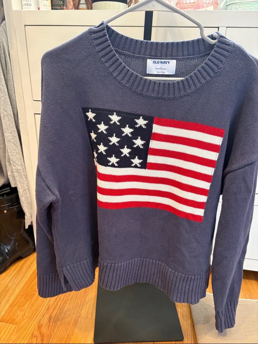 Old Navy Navy Knit Crewneck Sweater with American Flag